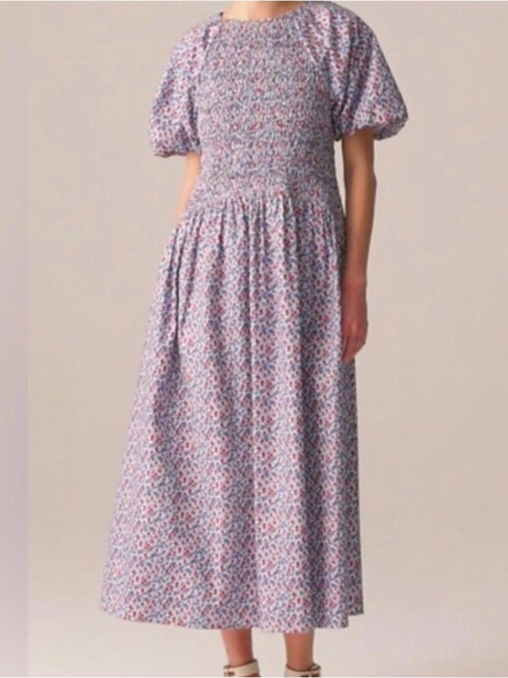 J. Crew Red and Blue Floral Midi Dress with Puff Sleeves - Picture 1 of 6